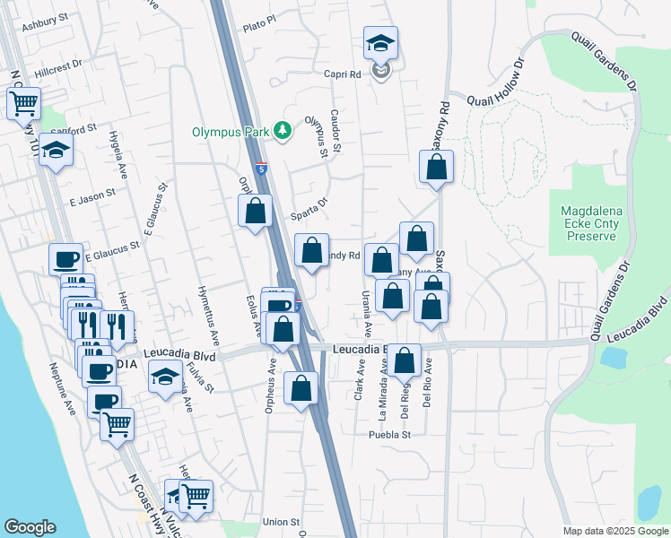 map of restaurants, bars, coffee shops, grocery stores, and more near 1089 Normandy Hill Lane in Encinitas