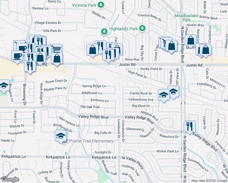 map of restaurants, bars, coffee shops, grocery stores, and more near 1208 Spring Ridge Lane in Flower Mound