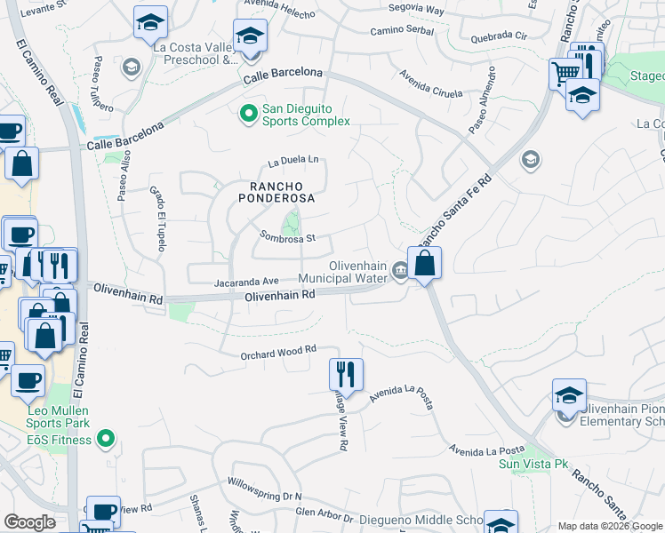 map of restaurants, bars, coffee shops, grocery stores, and more near 2812 El Rastro Lane in Carlsbad
