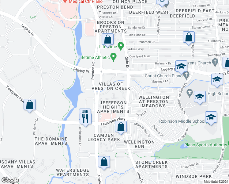 map of restaurants, bars, coffee shops, grocery stores, and more near 6900 Preston Road in Plano