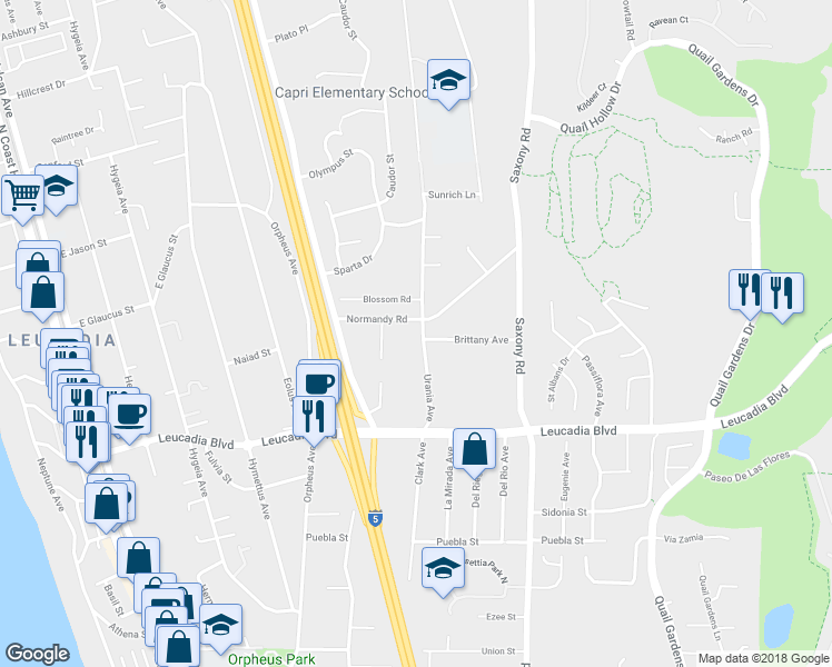map of restaurants, bars, coffee shops, grocery stores, and more near 1072 Urania Avenue in Encinitas