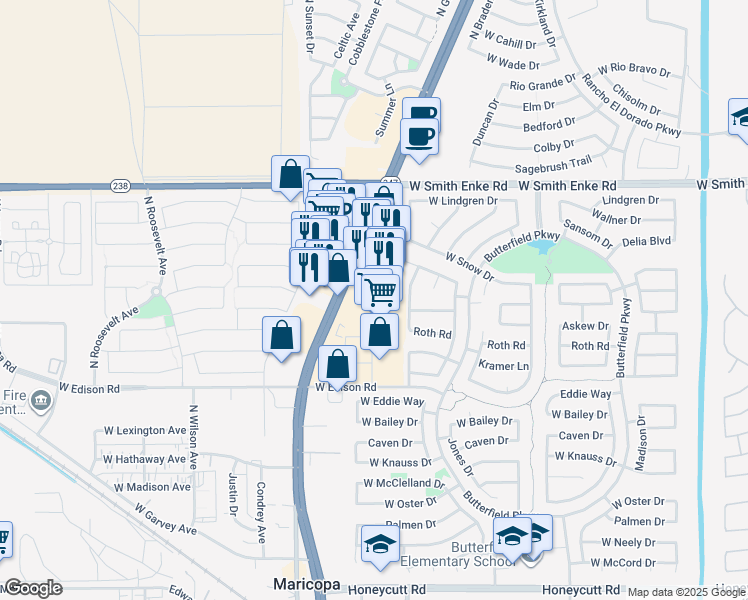 map of restaurants, bars, coffee shops, grocery stores, and more near 20797 North John Wayne Parkway in Maricopa