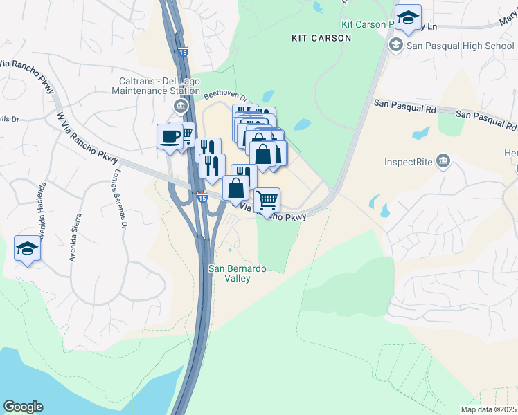map of restaurants, bars, coffee shops, grocery stores, and more near 290 East Via Rancho Parkway in Escondido