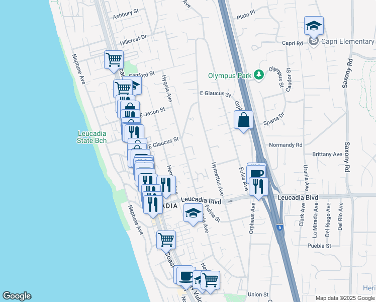 map of restaurants, bars, coffee shops, grocery stores, and more near 1063 Hygeia Avenue in Encinitas