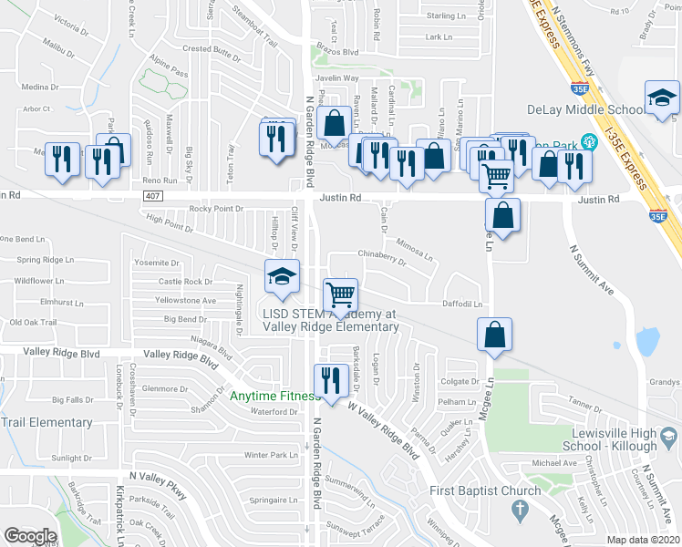 map of restaurants, bars, coffee shops, grocery stores, and more near 1802 Rose Circle in Lewisville