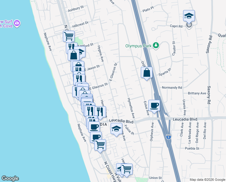 map of restaurants, bars, coffee shops, grocery stores, and more near 1063 Hygeia Avenue in Encinitas