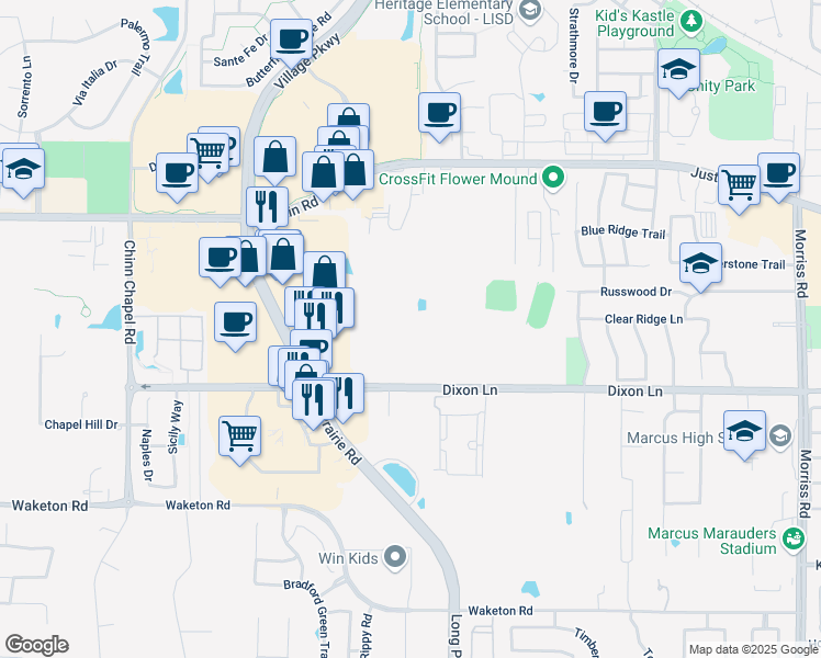map of restaurants, bars, coffee shops, grocery stores, and more near 3000 Dixon Lane in Flower Mound