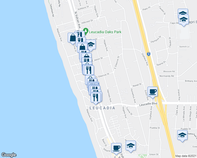 map of restaurants, bars, coffee shops, grocery stores, and more near 1125 North Vulcan Avenue in Encinitas