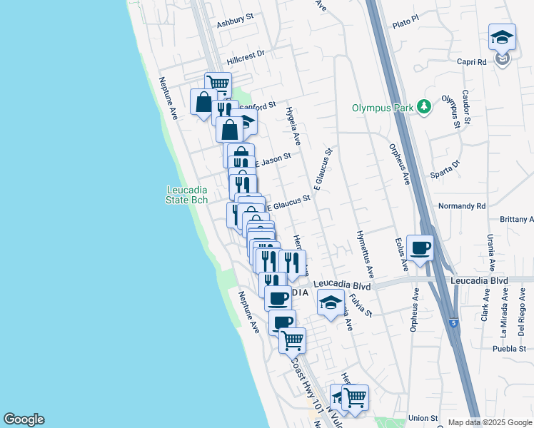 map of restaurants, bars, coffee shops, grocery stores, and more near 1125 North Vulcan Avenue in Encinitas