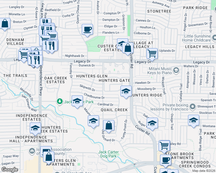 map of restaurants, bars, coffee shops, grocery stores, and more near 2301 Brown Deer Trail in Plano