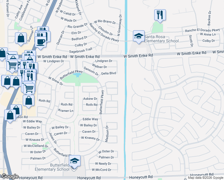 map of restaurants, bars, coffee shops, grocery stores, and more near 43204 West Cydnee Drive in Maricopa