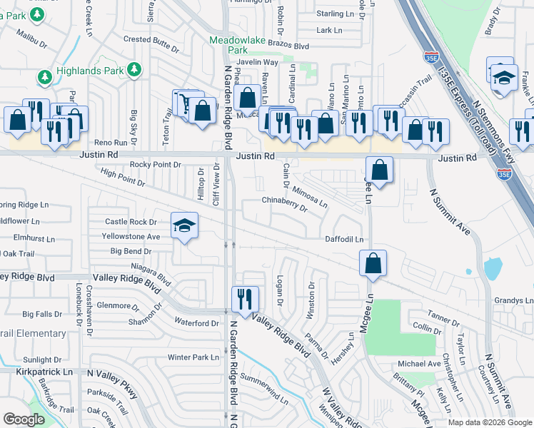 map of restaurants, bars, coffee shops, grocery stores, and more near 1814 Sunflower Lane in Lewisville