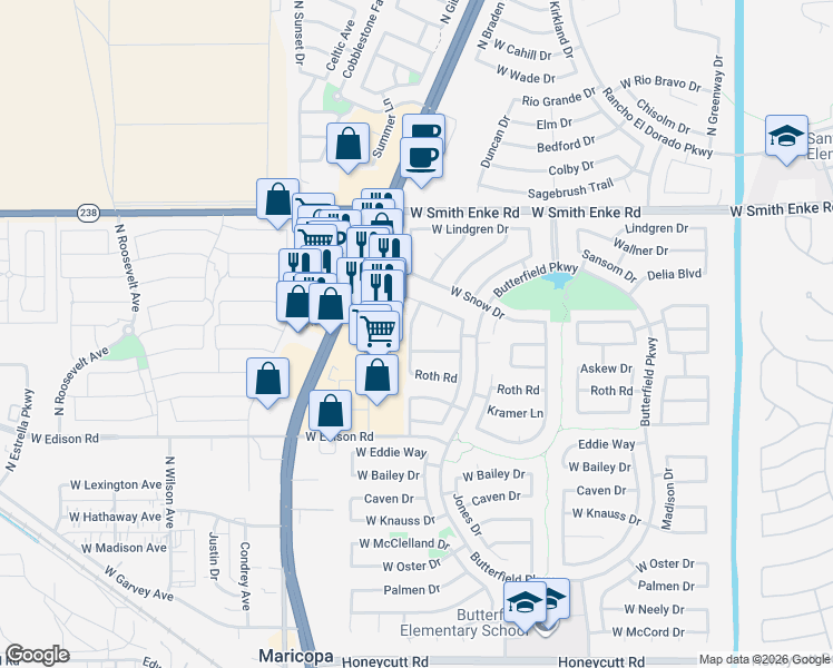map of restaurants, bars, coffee shops, grocery stores, and more near 20767 North Alma Drive in Maricopa