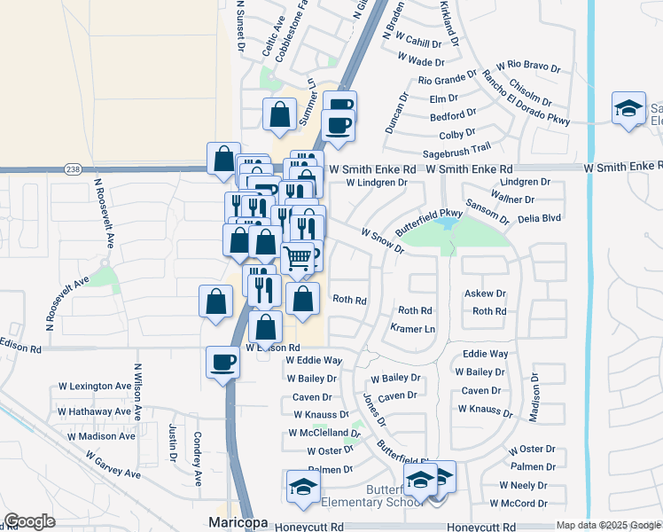 map of restaurants, bars, coffee shops, grocery stores, and more near 20767 North Alma Drive in Maricopa