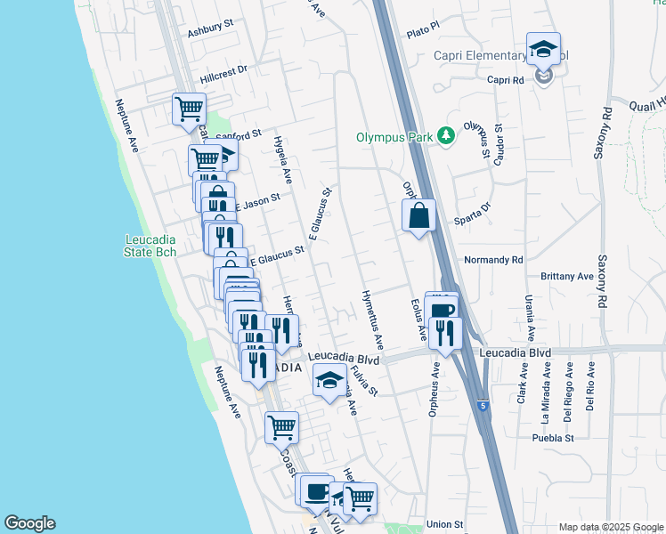 map of restaurants, bars, coffee shops, grocery stores, and more near 232 Hygeia Court in Encinitas
