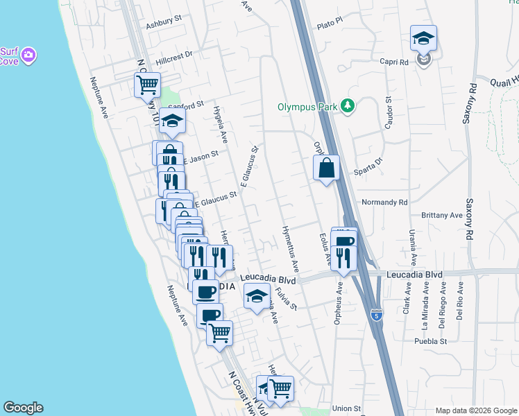 map of restaurants, bars, coffee shops, grocery stores, and more near 232 Hygeia Court in Encinitas