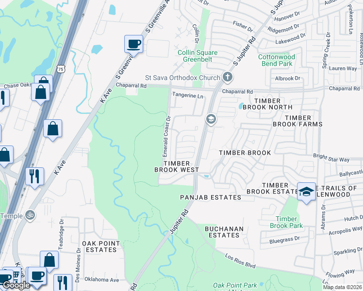 map of restaurants, bars, coffee shops, grocery stores, and more near 7000 Pensacola Drive in Plano