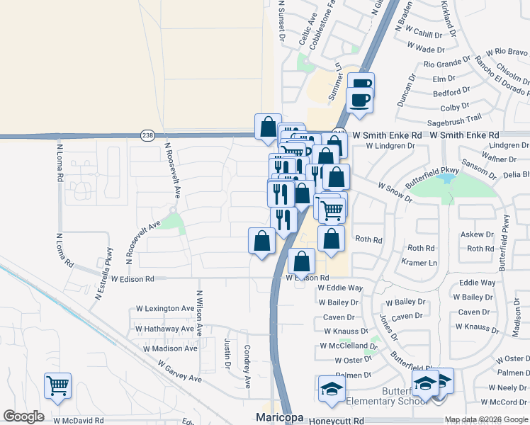 map of restaurants, bars, coffee shops, grocery stores, and more near 44715 West Paitilla Lane in Maricopa
