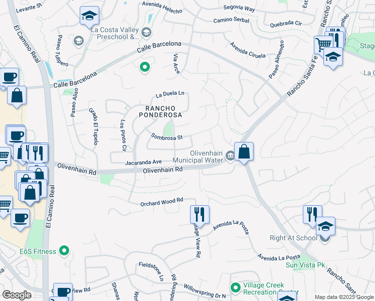 map of restaurants, bars, coffee shops, grocery stores, and more near 2812 El Rastro Lane in Carlsbad