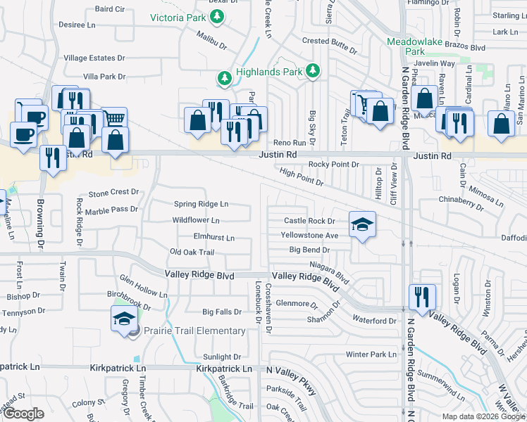 map of restaurants, bars, coffee shops, grocery stores, and more near 1849 Crosshaven Drive in Lewisville