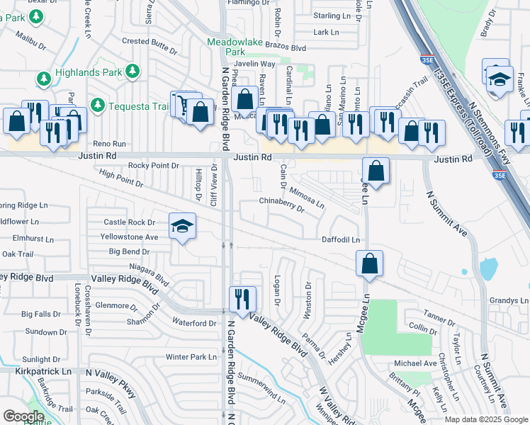 map of restaurants, bars, coffee shops, grocery stores, and more near 1808 Sunflower Lane in Lewisville