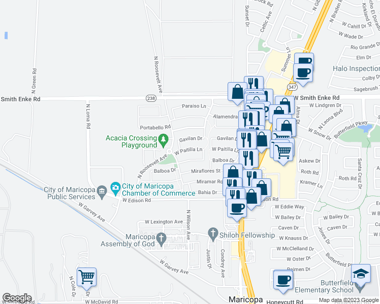 map of restaurants, bars, coffee shops, grocery stores, and more near 45097 Paitilla Lane in Maricopa