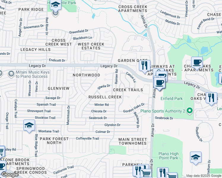 map of restaurants, bars, coffee shops, grocery stores, and more near 6812 Moccasin Drive in Plano