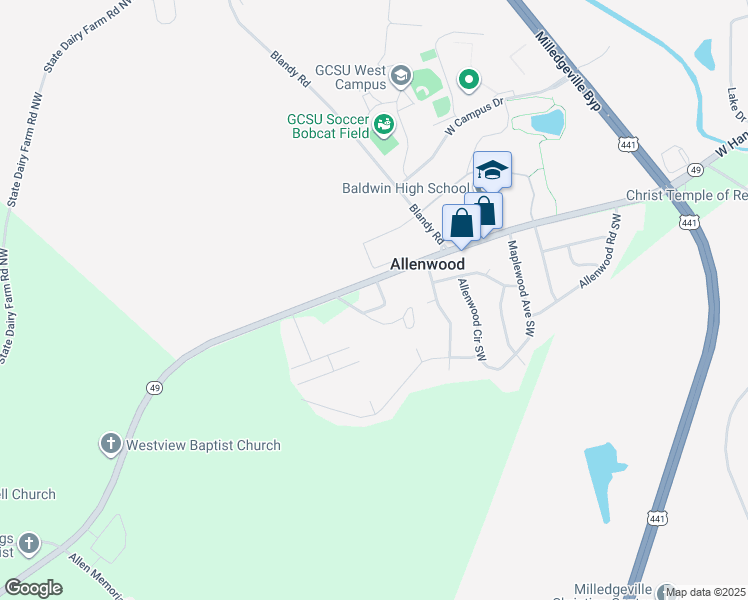 map of restaurants, bars, coffee shops, grocery stores, and more near 196 Highway 49 in Milledgeville