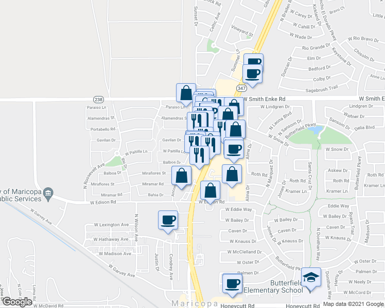 map of restaurants, bars, coffee shops, grocery stores, and more near 20763 North Ancon Avenue in Maricopa