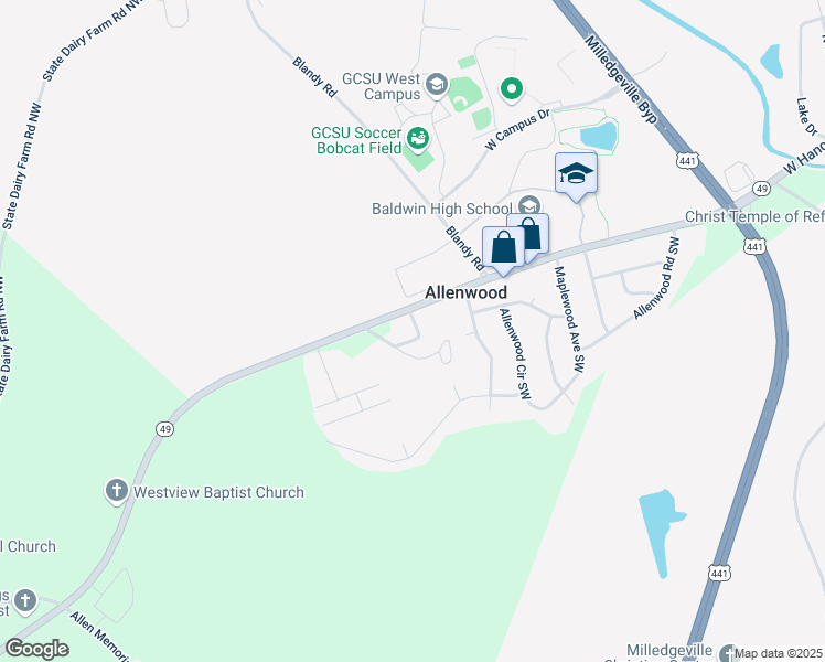 map of restaurants, bars, coffee shops, grocery stores, and more near 196 Georgia 49 in Milledgeville