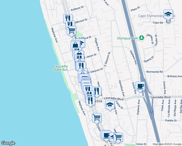 map of restaurants, bars, coffee shops, grocery stores, and more near 145 East Glaucus Street in Encinitas