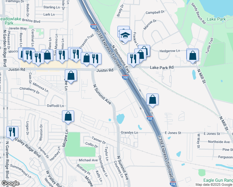 map of restaurants, bars, coffee shops, grocery stores, and more near 1501-1883 N Stemmons Fwy in Lewisville