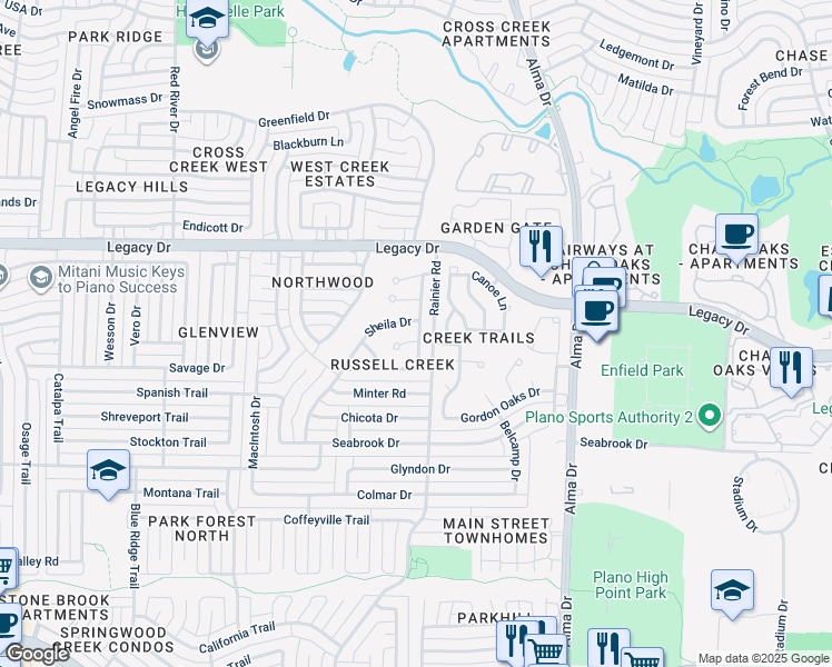 map of restaurants, bars, coffee shops, grocery stores, and more near 6812 Moccasin Drive in Plano