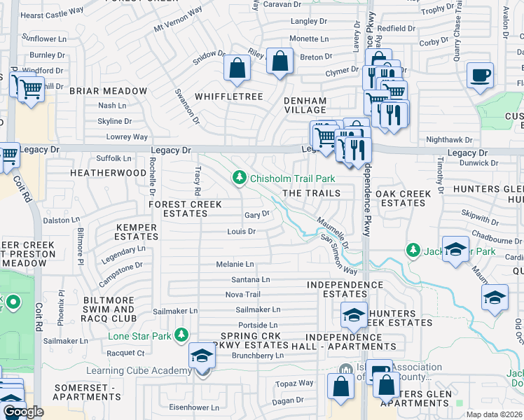 map of restaurants, bars, coffee shops, grocery stores, and more near 3201 Gary Drive in Plano