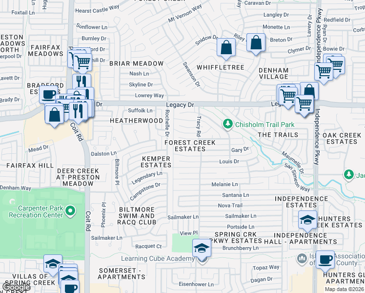 map of restaurants, bars, coffee shops, grocery stores, and more near 3520 Terry Drive in Plano