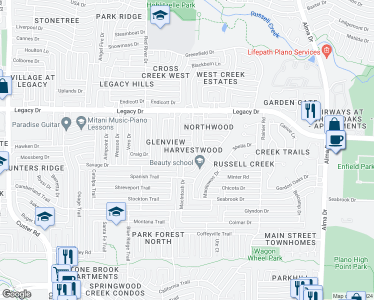 map of restaurants, bars, coffee shops, grocery stores, and more near 6748 Macintosh Drive in Plano