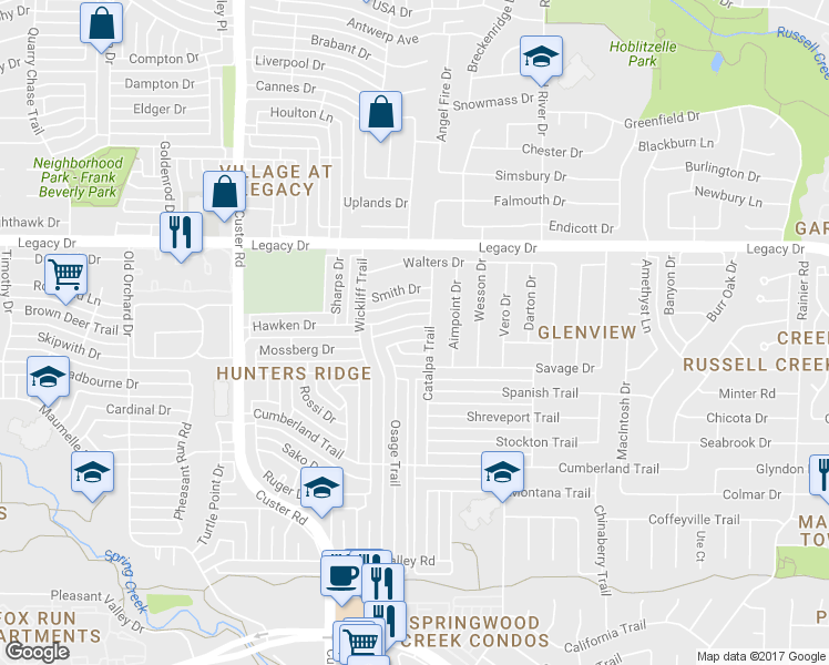 map of restaurants, bars, coffee shops, grocery stores, and more near 1916 Hawken Drive in Plano