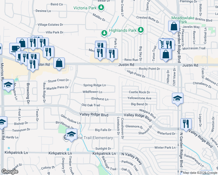 map of restaurants, bars, coffee shops, grocery stores, and more near 1208 Spring Ridge Lane in Flower Mound