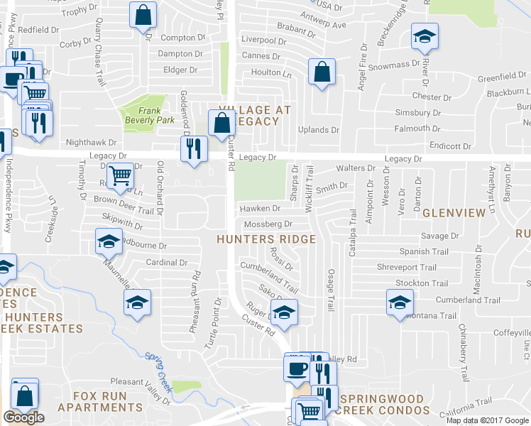 map of restaurants, bars, coffee shops, grocery stores, and more near 2049 Hawken Drive in Plano