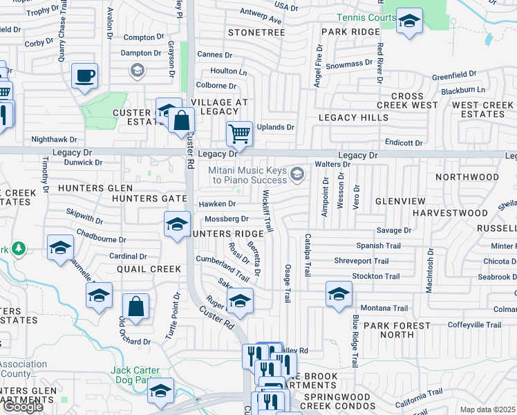 map of restaurants, bars, coffee shops, grocery stores, and more near 1945 Hawken Drive in Plano