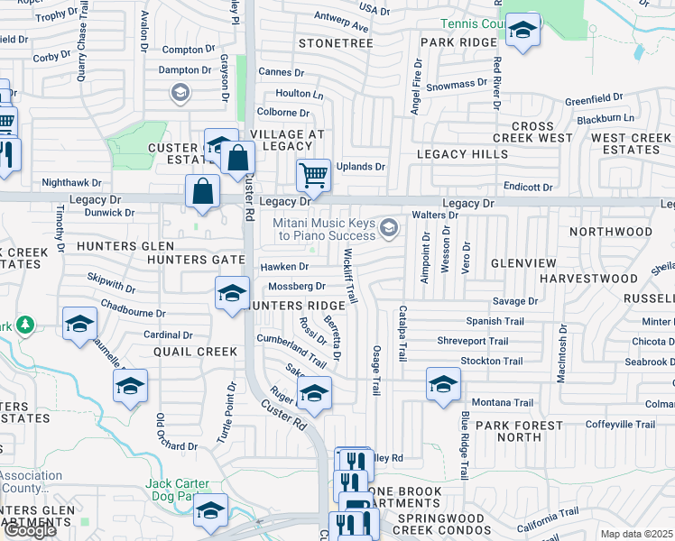map of restaurants, bars, coffee shops, grocery stores, and more near 1945 Hawken Drive in Plano