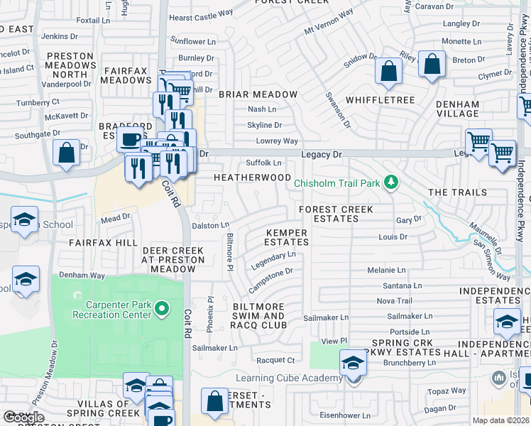 map of restaurants, bars, coffee shops, grocery stores, and more near 3816 Dalston Lane in Plano