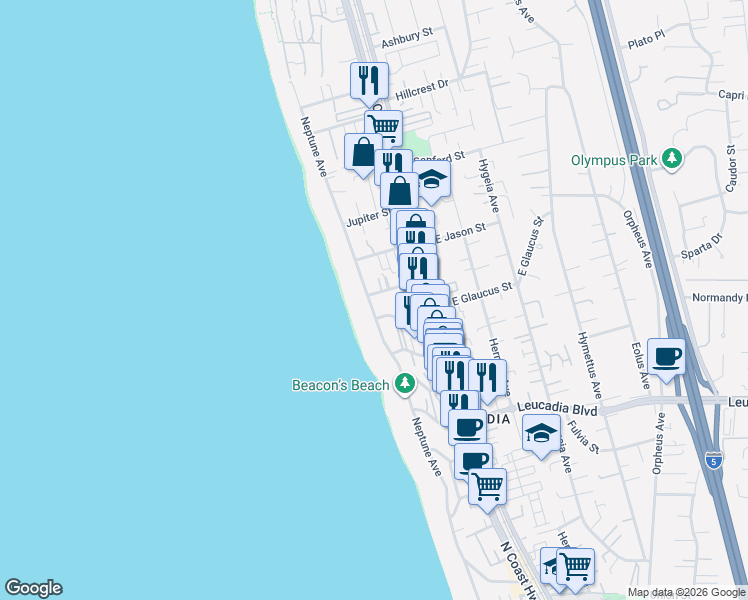 map of restaurants, bars, coffee shops, grocery stores, and more near 1139 Neptune Avenue in Encinitas