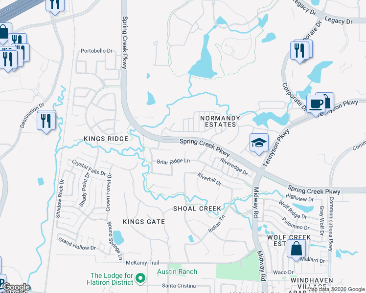 map of restaurants, bars, coffee shops, grocery stores, and more near 6713 Greyhawk Circle in Plano