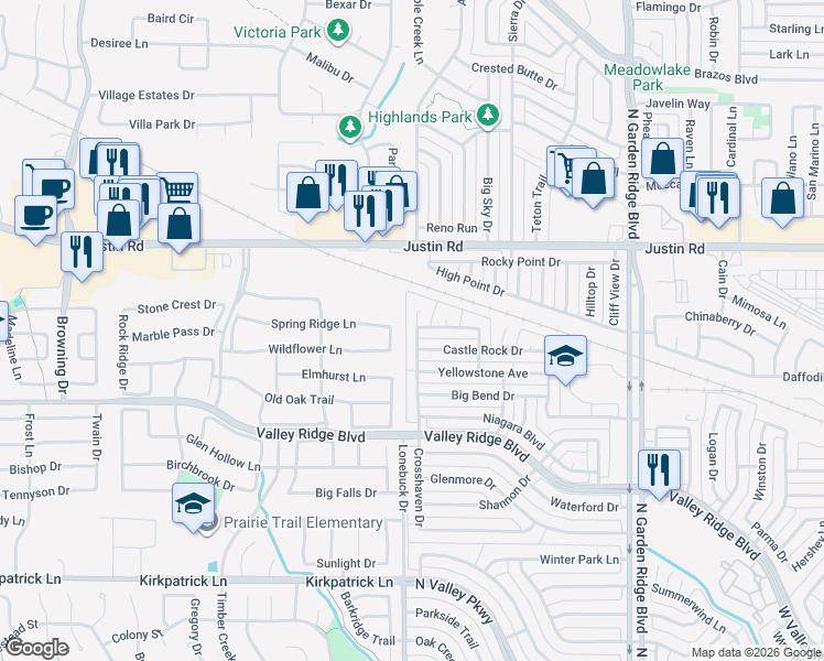 map of restaurants, bars, coffee shops, grocery stores, and more near 1842 Crosshaven Drive in Lewisville