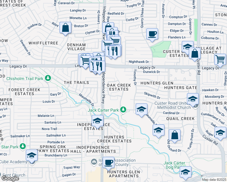 map of restaurants, bars, coffee shops, grocery stores, and more near 2912 Chalfont Lane in Plano