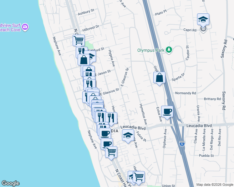 map of restaurants, bars, coffee shops, grocery stores, and more near 245 East Glaucus Street in Encinitas