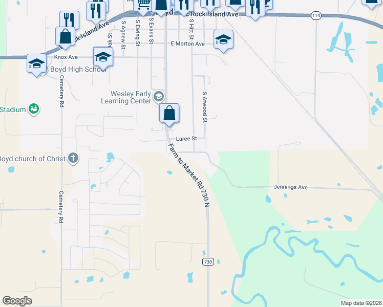 map of restaurants, bars, coffee shops, grocery stores, and more near 608 South Hitt Street in Boyd