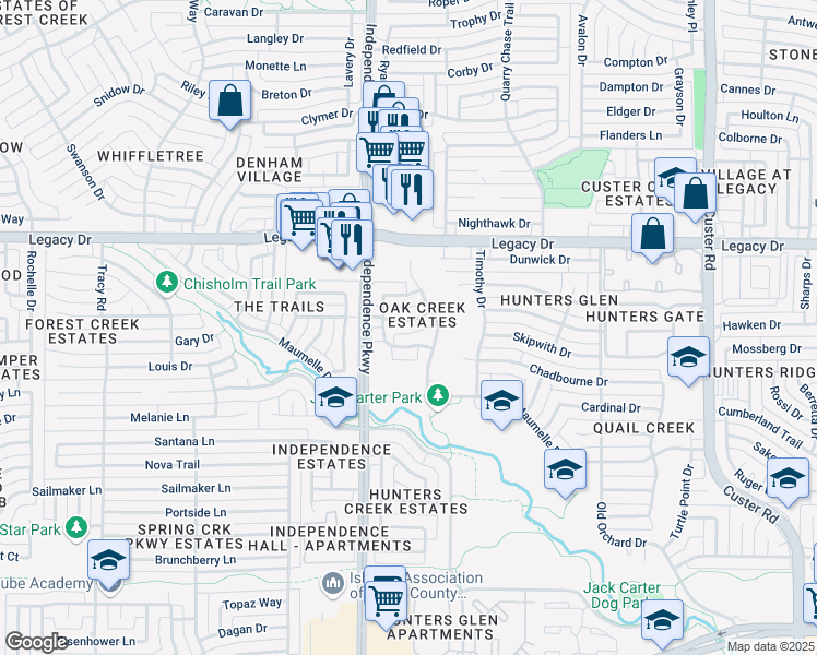 map of restaurants, bars, coffee shops, grocery stores, and more near 2912 Chalfont Lane in Plano