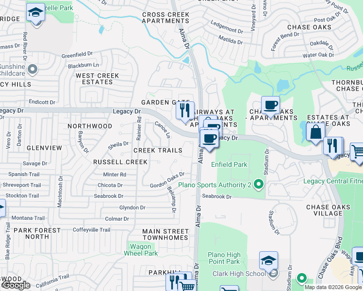 map of restaurants, bars, coffee shops, grocery stores, and more near 6845 Douglas Creek in Plano